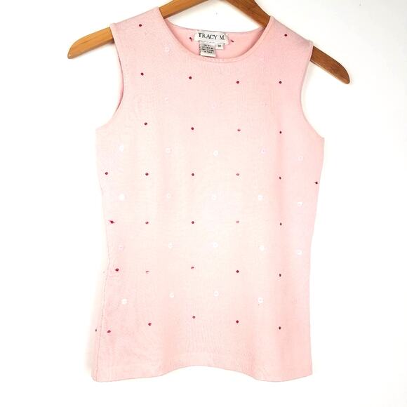 Tracy M | Silk Blend Pink Tank Top Sequins Med - Picture 1 of 6